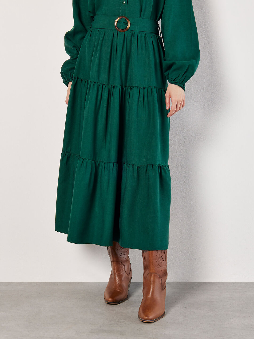 Belted Tiered Maxi Skirt Apricot Clothing