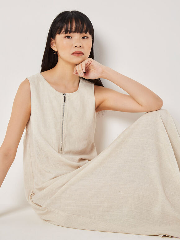 Linen Blend Zip Maxi Dress, Stone, large