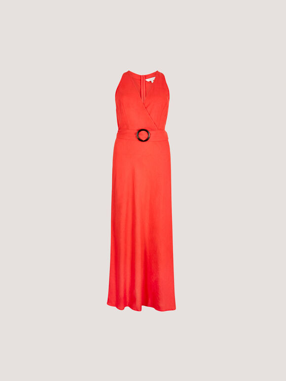 Linen Blend Wrap Midaxi Dress, Pink, large