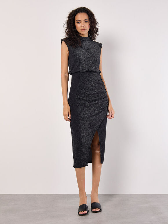 Sparkle Ruched Bodycon Midi Dress, Black, large