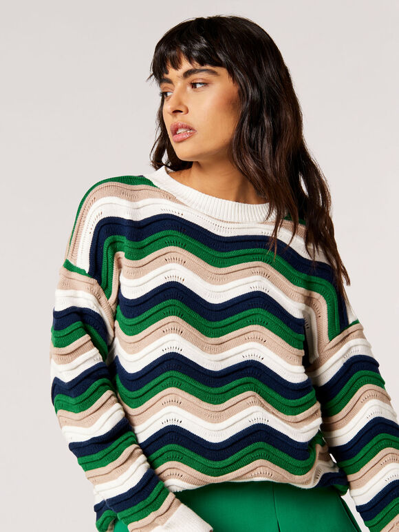 Wavy Stripe Knitted Jumper, Green, large