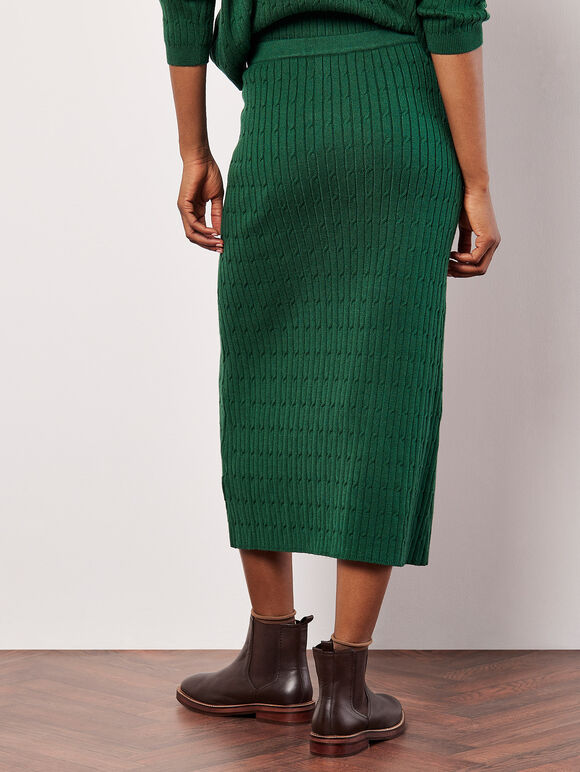 Fine Knit Cable Midi Skirt, Green, large