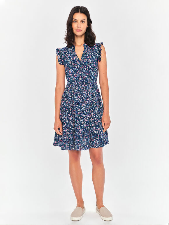 Micro Ditsy Ruffle Shoulder Dress, Navy, large