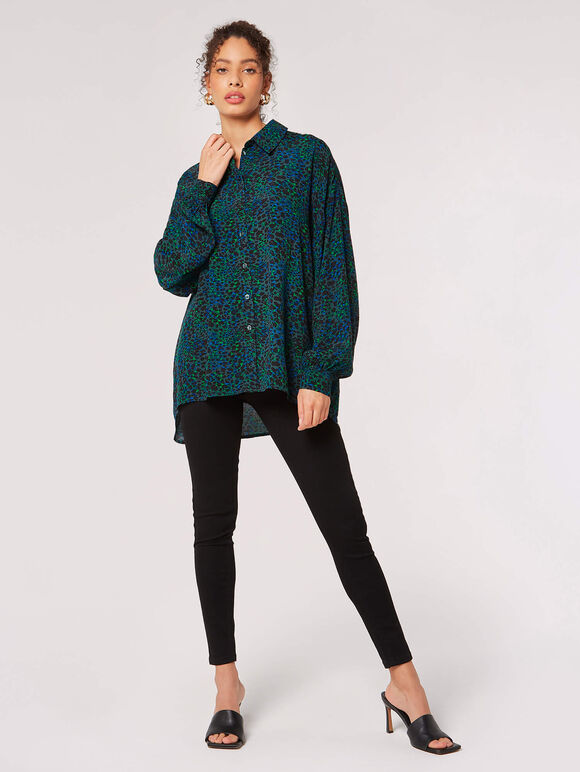 Oversized Animal Print Shirt, Blue, large