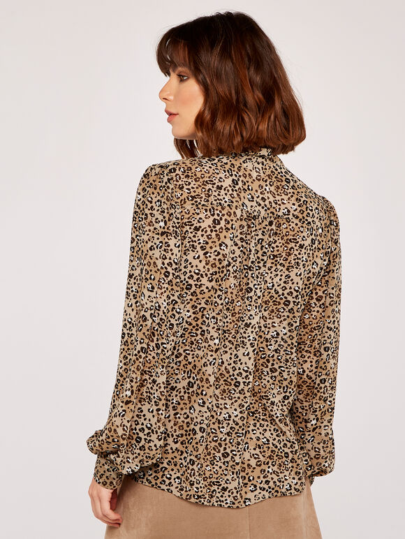 Leopard Pussybow Blouse, Stone, large