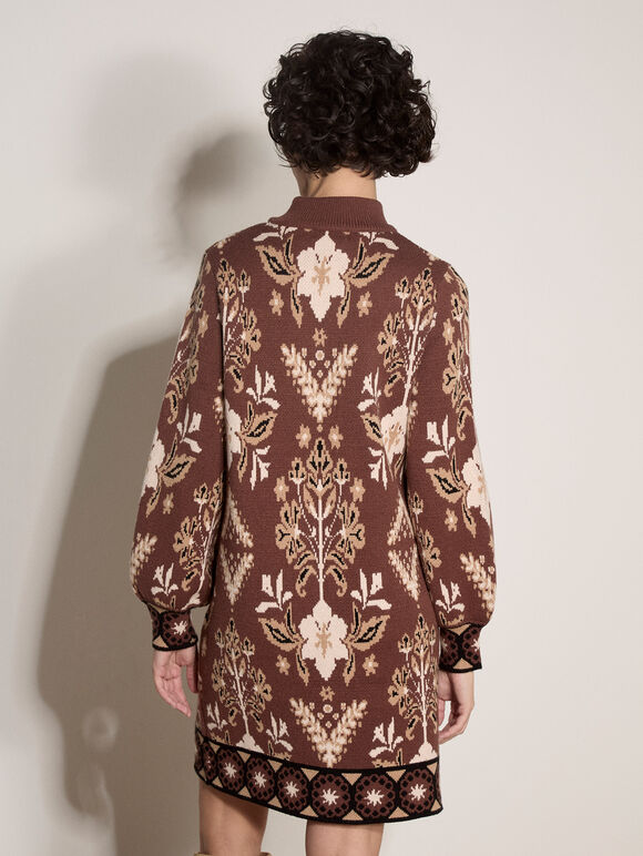 Folk Floral Mini Jumper Dress, Brown, large