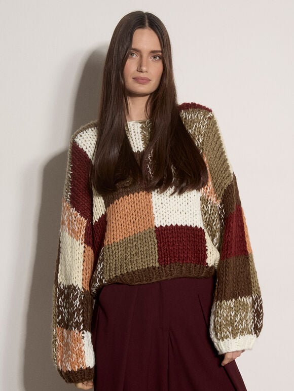 Chunky Hand-Crocheted Patchwork Jumper, Brown, large