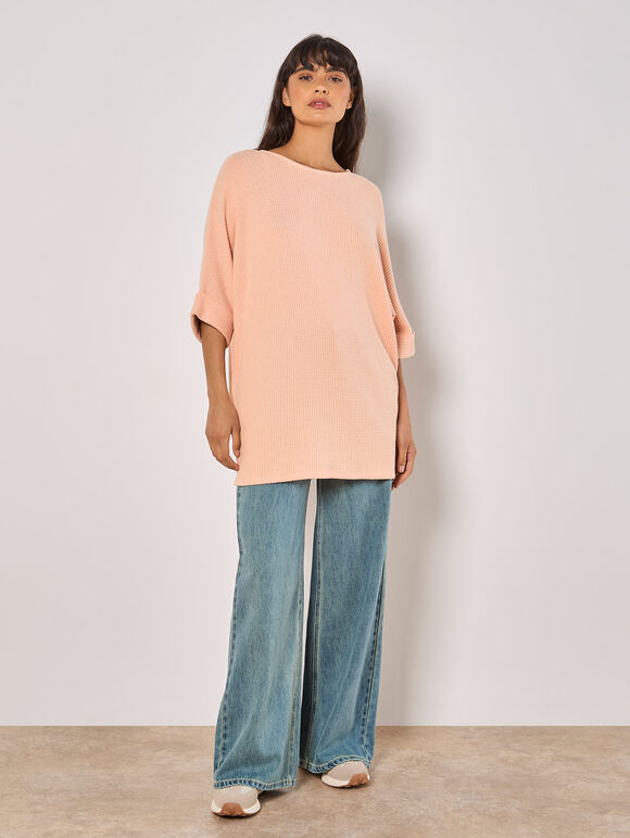 Soft-Touch Batwing Waffle Knit Top, Peach, large