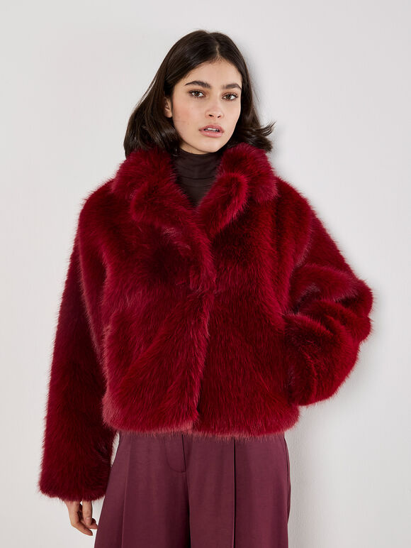 Faux Fur Short Coat, Burgundy, large