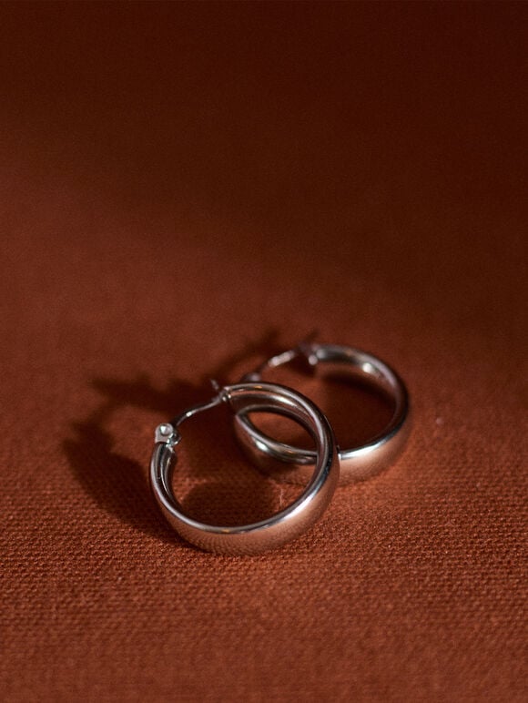 Silver Tone Hoop Earrings, Silver, large