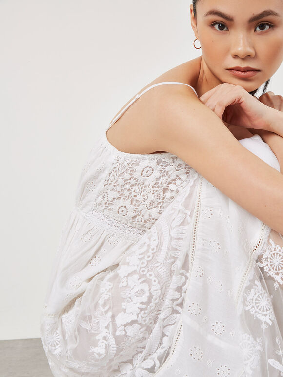 Embroidered Mesh Tiered Maxi Dress, Cream, large
