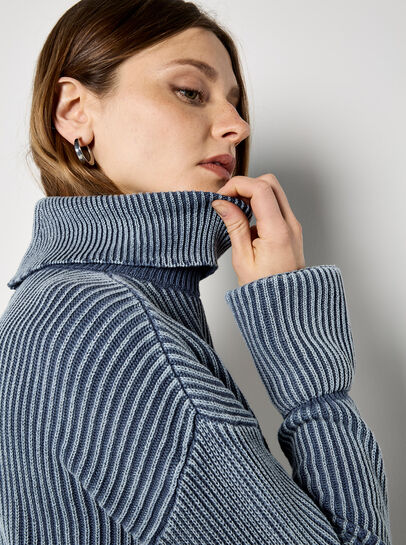 Roll Neck Ribbed Stonewashed Jumper