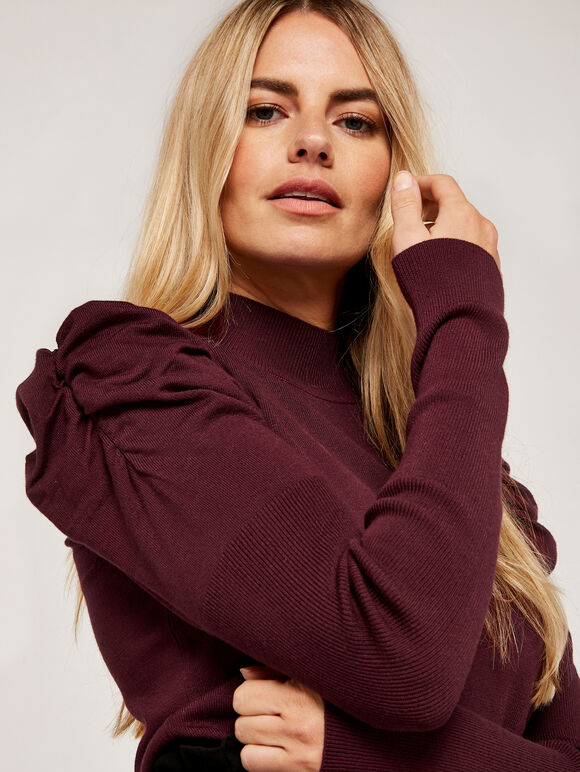 Puff Shoulder Jumper, Burgundy, large
