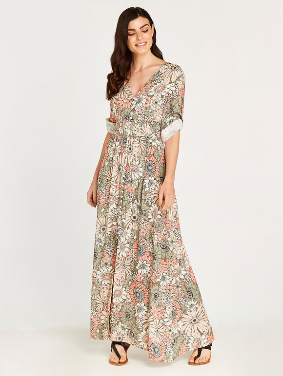 Retro Floral Smock Maxi Dress, Khaki, large