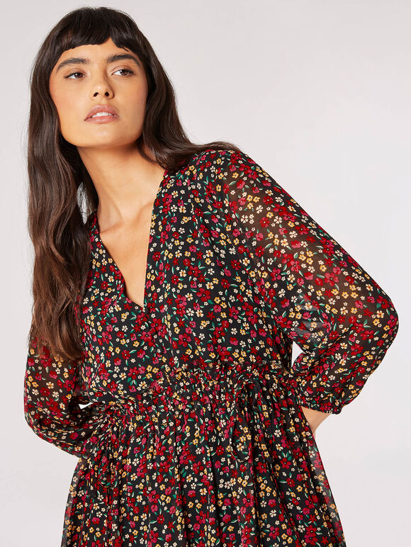 Ditsy Floral Ruched Mini Dress, Black, large
