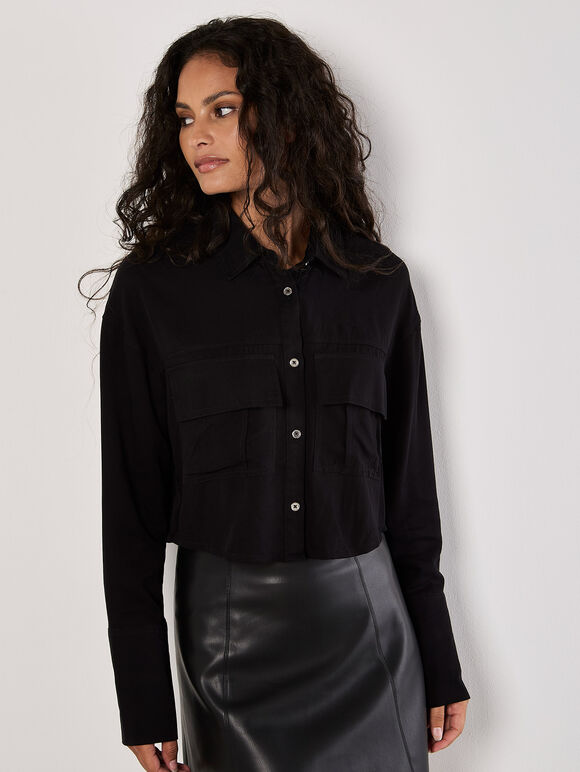 Soft Twill Cropped Shirt, Black, large