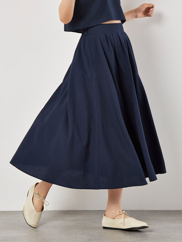 Slub Pleat A-Line Midi Skirt, Navy, large