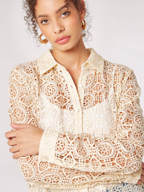 Geometric Guipure Lace Shirt, Stone, large