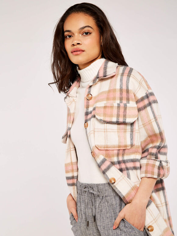  Check Longline Shacket, Peach, large