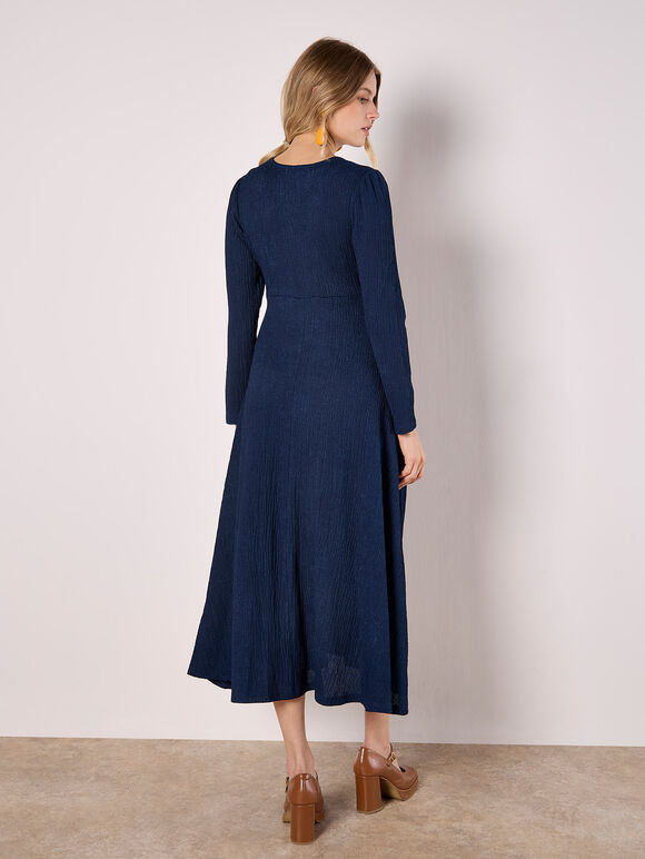 V-Neck Textured Midi Dress, Navy, large