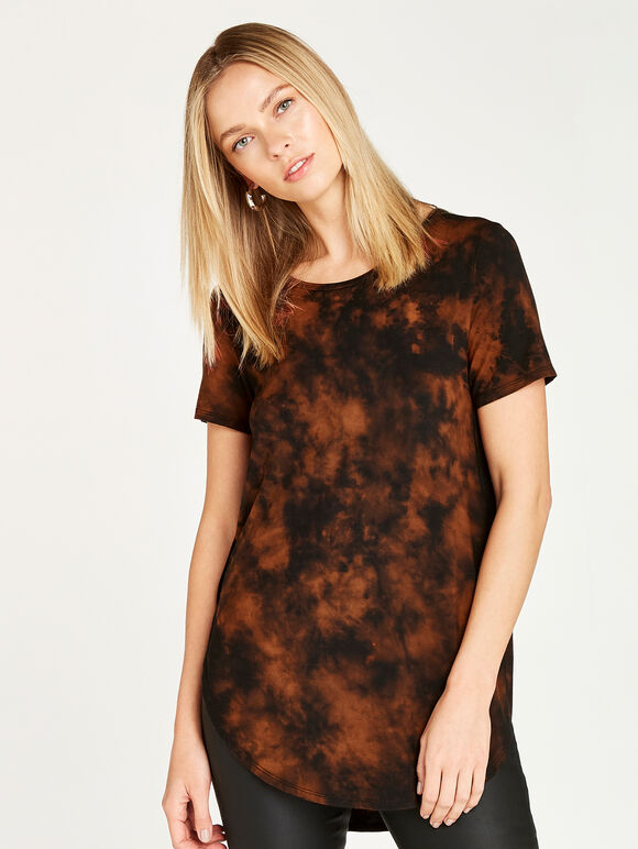 Tie Dye Curved Split Hem T-Shirt, Rust, large