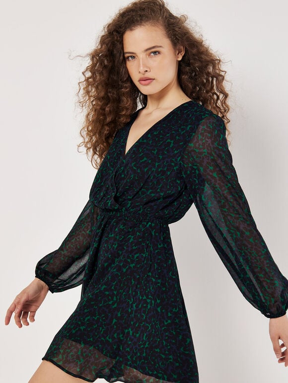 Animal Print Wrap Mini Dress, Green, large