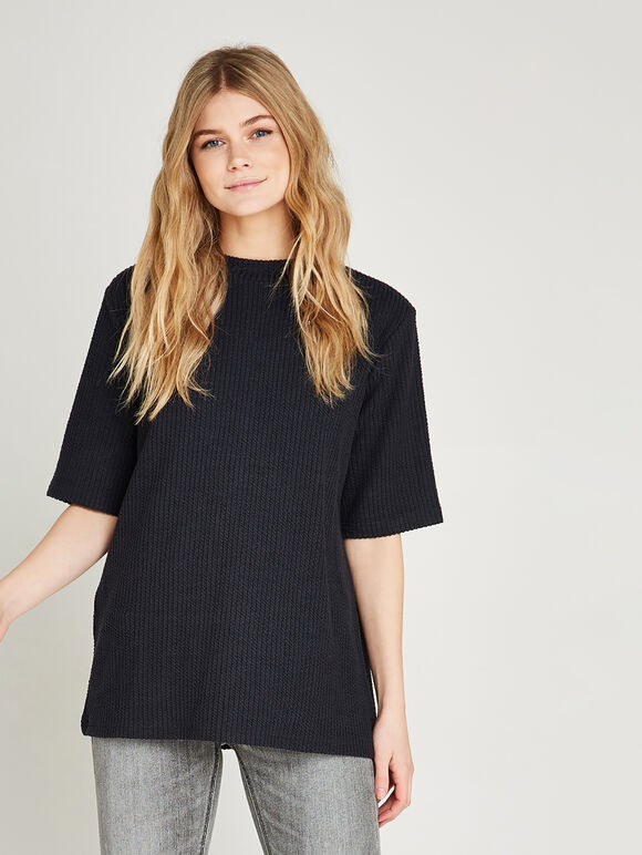 Entwined Lines Rib Mock Neck Top, Navy, large