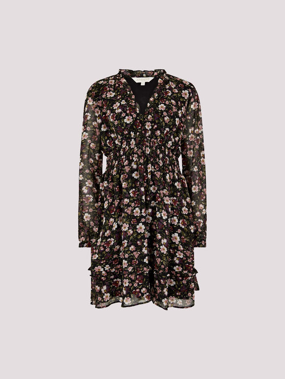 Floral Ruffle Chiffon Mini Dress, Black, large