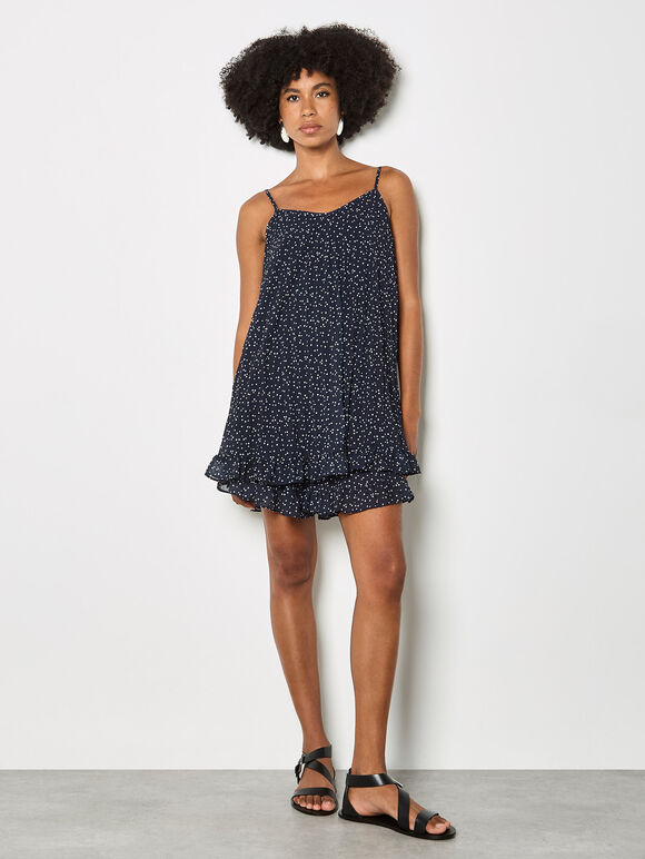 Poka Dot Pleated Chiffon Cami Top, Navy, large