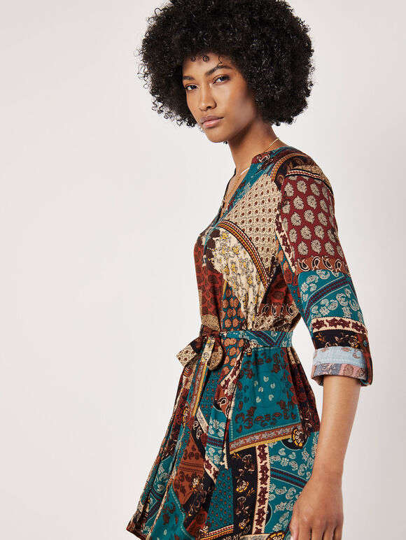 Patchwork Paisley Shirt Mini Dress, Rust, large