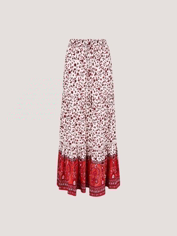 Sarasa Floral Tiered Maxi Skirt, White, large