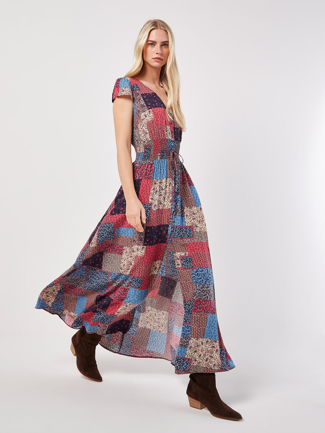 Image of Patchwork Smocked Waist Maxi Dress