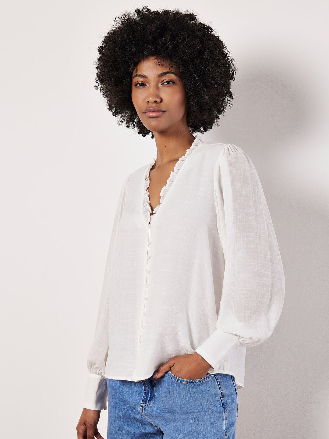 Image of Ruffle Neck Textured Blouse