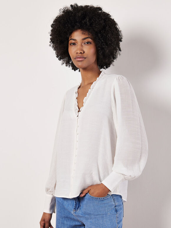 Ruffle Neck Textured Blouse, White, large