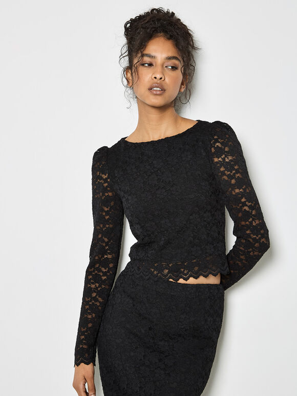 Floral Leaf Lace Top, Black, large