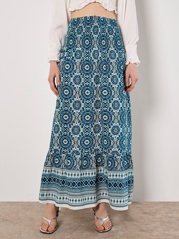 Batik Print Smocked Maxi Skirt, Blue, large