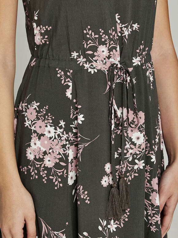 Khaki Floral Print Ruched Waist Maxi, Khaki, large