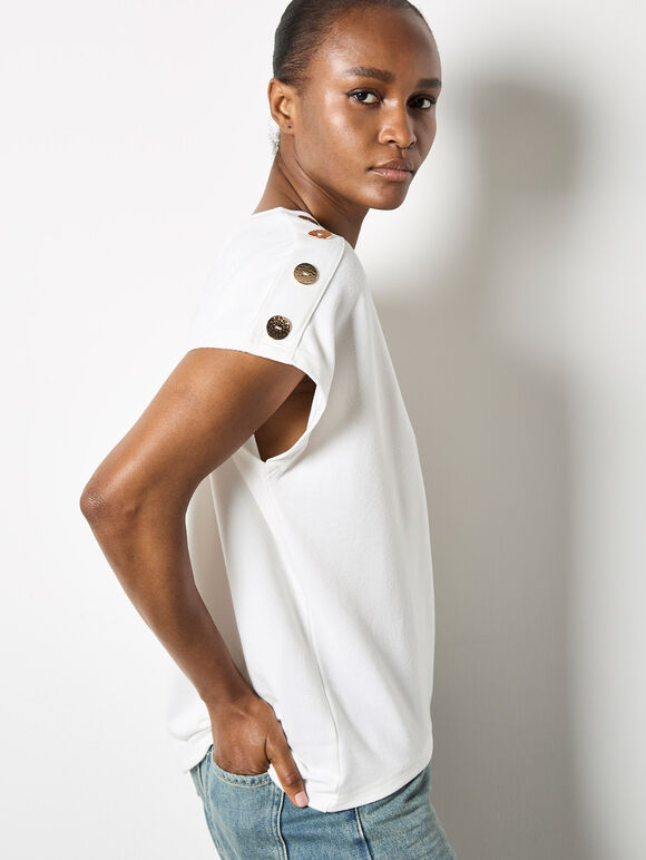 Decorative Button Jersey T-Shirt, Cream, large