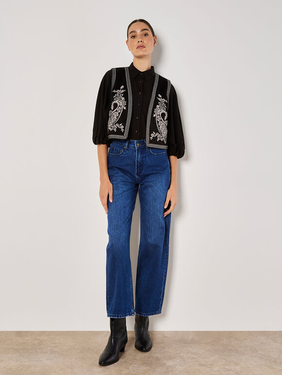Seam Detail Puff Sleeve Shirt, Black, large