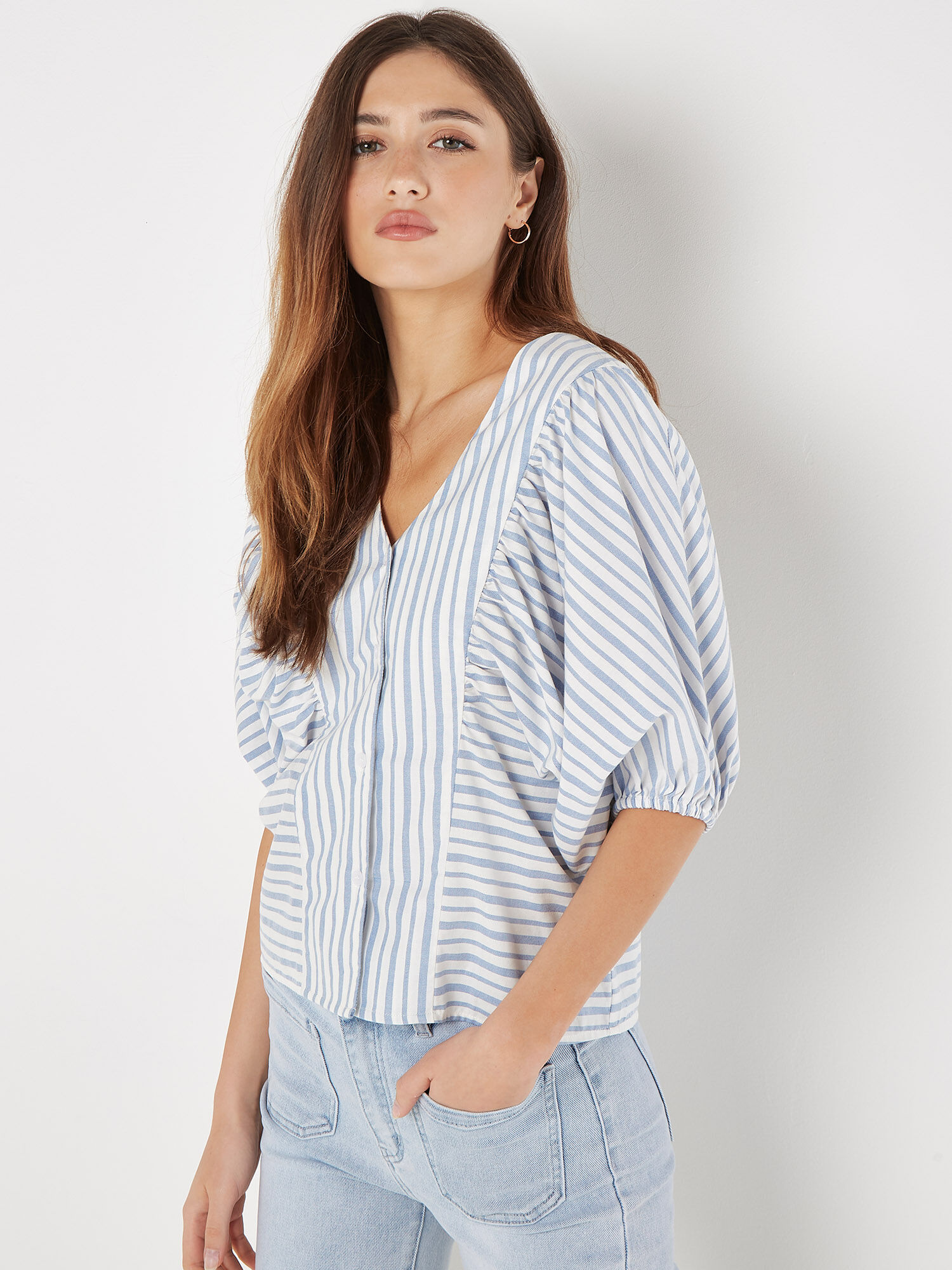 Stripe Balloon Sleeve Cotton Shirt