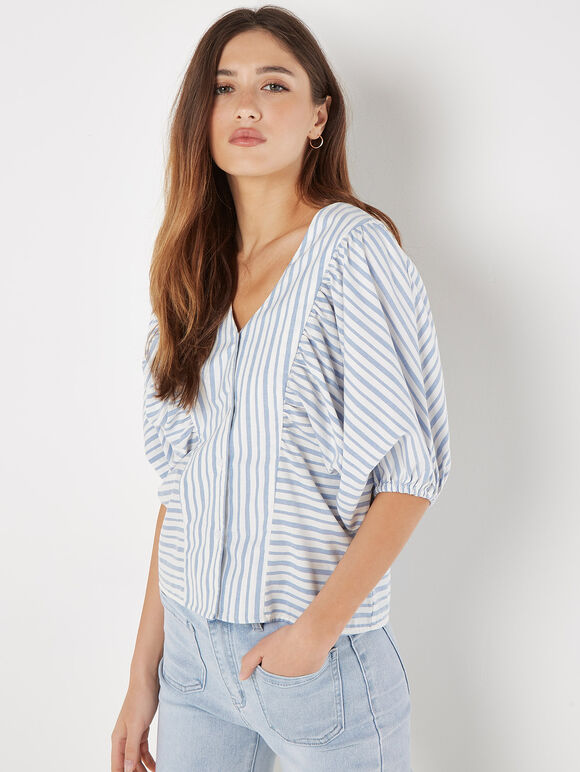 Stripe Balloon Sleeve Cotton Shirt, Blue, large