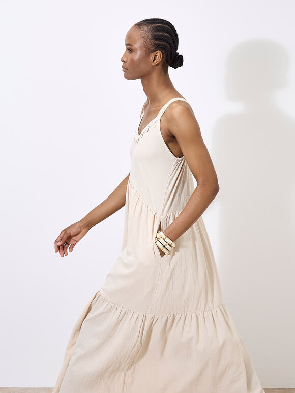 Bead Embellished Cotton Midaxi Dress, Stone, large