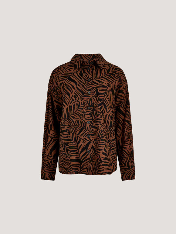 Linen Mix Leaf Print Shirt, Brown, large