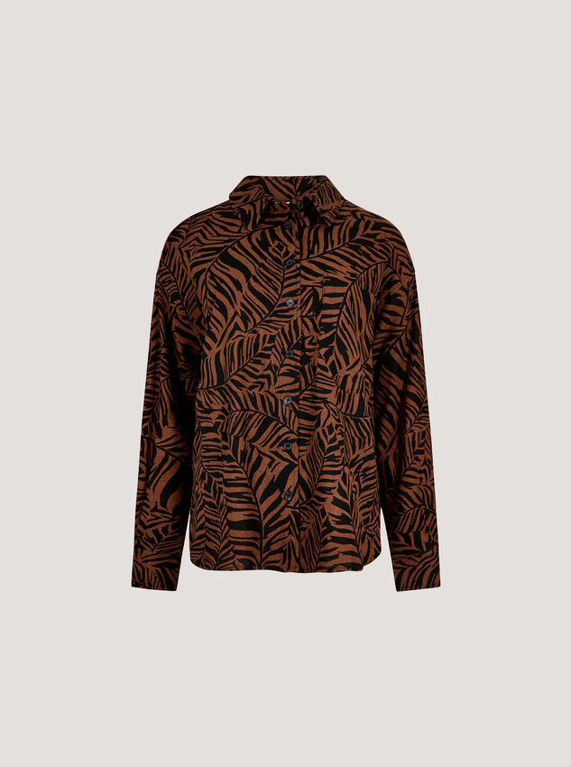 Linen Mix Leaf Print Shirt, Brown, large