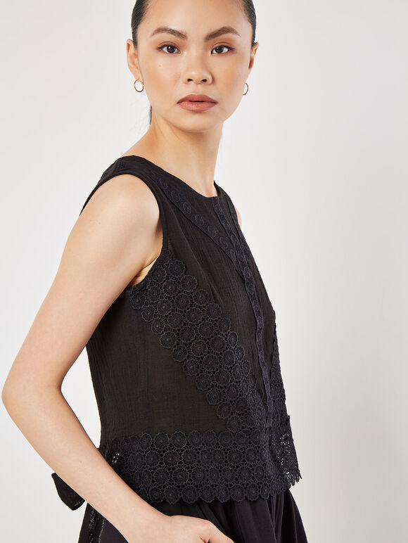 Cotton Lace Bow Top, Black, large