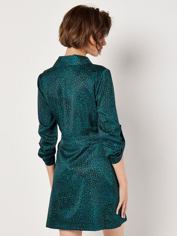 Animal Print Satin Wrap Mini Dress, Green, large
