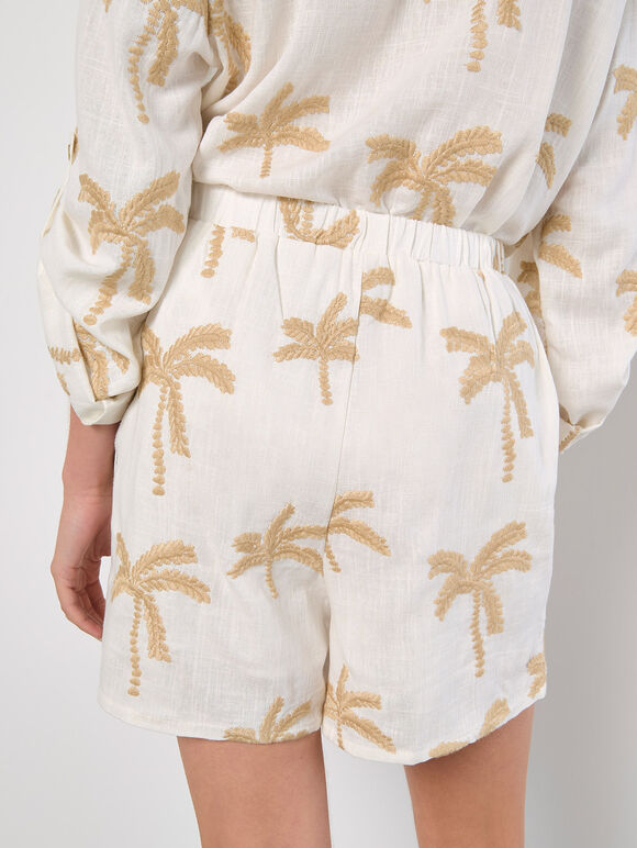 Embroidered Palm Tree Shorts, Cream, large