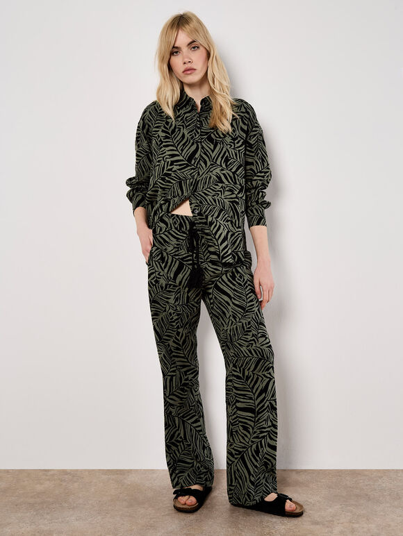 Leaf Linen Blend Wide Leg Trousers, Khaki, large