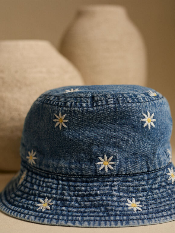 Embroidered Daisy Cotton Bucket Hat, Blue, large
