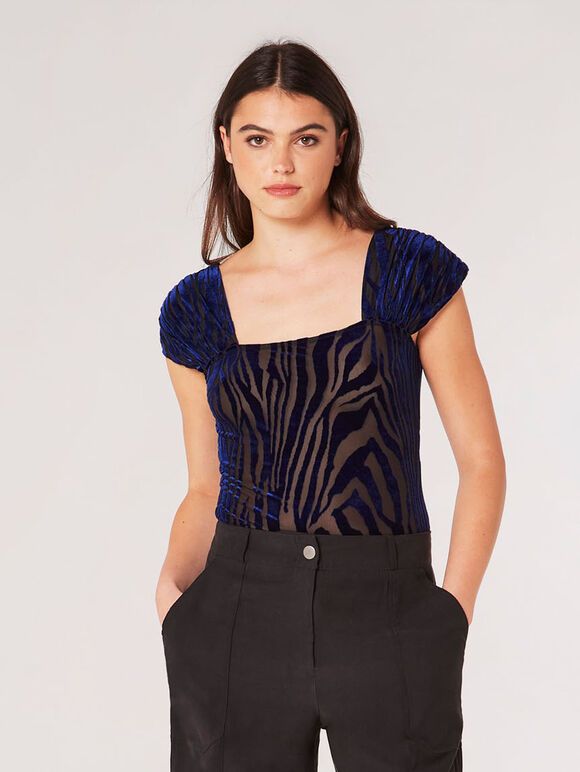Zebra Ruched Shoulder Bodysuit, Navy, large